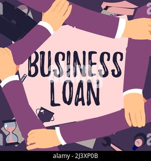 Konzeptionelle Darstellung Business Loan. Geschäftsidee Kredit Hypothek finanzielle Unterstützung Barvorschüsse Schulden vier Hände ziehen Holding Arm zusammen Stockfoto