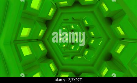 3D-Loop-Animation mit sechseckiger Tunnelform oder Sci-Fi-Korridor. Design. Futuristisches Interieur mit Neonlicht und dynamischem Flug durch den Tunnel. Stockfoto