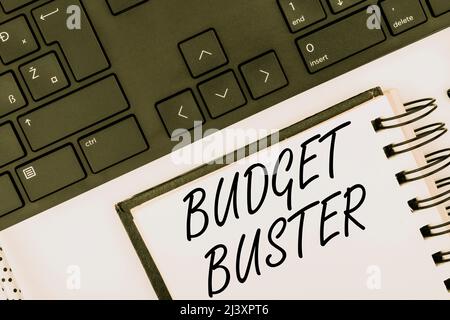 Textschild mit Budget Buster. Überblick über das Unternehmen sorgenfreie Ausgaben Gewinne unnötige Einkäufe Überausgaben Computertastatur und -Symbol Stockfoto