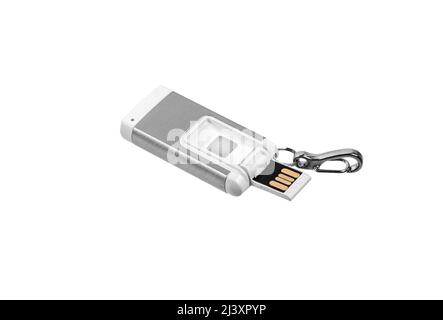 USB-Taschenlampe Schlüsselanhänger.Metall-LED-Taschenlampe isolieren auf einem weißen Hintergrund. Taschenlampe für dunkle Tageszeiten oder dunkle Räume. Stockfoto