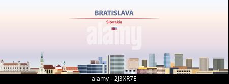 Bratislava Stadtbild auf Sonnenuntergang Himmel Hintergrund Vektor-Illustration mit Land-und Stadtnamen und mit Flagge der Slowakei Stock Vektor