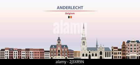 Anderlecht Stadtbild auf Sonnenuntergang Himmel Hintergrund Vektor-Illustration mit Land-und Stadtnamen und mit Flagge von Belgien Stock Vektor