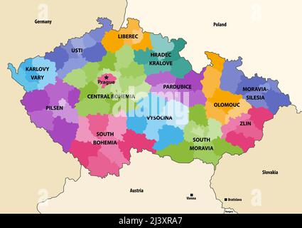 Tschechische Republik Regionen Vektorkarte mit Nachbarländern und Territorien Stock Vektor