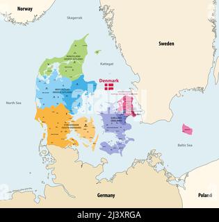 Dänemark Regionen Vektorkarte mit den wichtigsten Städten und mit Nachbarländern und Territorien Stock Vektor