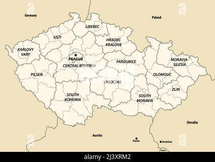 Tschechische Republik Regionen Vektorkarte mit Nachbarländern und Territorien Stock Vektor