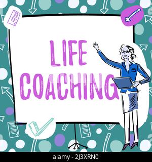 Textschild mit Life Coaching. Business-Ansatz Verbesserung des Lebens durch Herausforderungen ermutigt uns in unserer Karriere Businesswoman Casual Standing Presenting Stockfoto