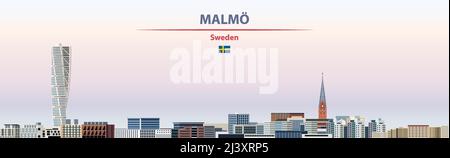 Malmö Stadtbild auf Sonnenuntergang Himmel Hintergrund Vektor-Illustration mit Land-und Stadtnamen und mit Flagge von Schweden Stock Vektor