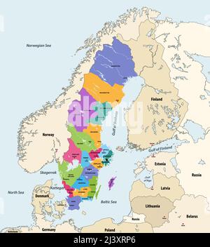 Grafschaften Schwedens Veektorkarte mit Nachbarländern und Territorien Stock Vektor