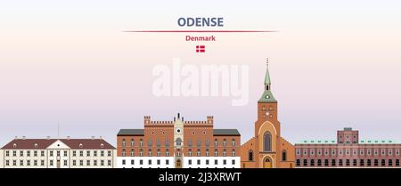 Odense Stadtbild auf Sonnenuntergang Himmel Hintergrund Vektor-Illustration mit Land und Stadt Namen und mit Flagge von Dänemark Stock Vektor