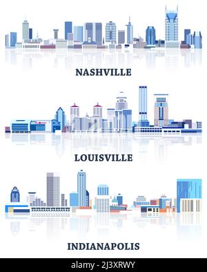 vektor-Sammlung von Stadtlandschaften der Vereinigten Staaten: Nashville, Louisville, Indianapolis Skylines in Blautönen Farbpalette. Сrystal Ästhetik Stil Stock Vektor