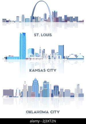 vektor-Sammlung von Stadtansichten der Vereinigten Staaten: St. Louis, Kansas City, Oklahoma City Skylines in Blautönen Farbpalette. Сrystal Ästhetik Stil Stock Vektor