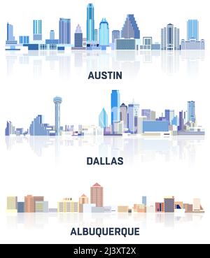 vector Sammlung von Vereinigte Staaten Stadtlandschaften: Austin, Dallas, Albuquerque Skylines in Blautönen Farbpalette. Сrystal Ästhetik Stil Stock Vektor