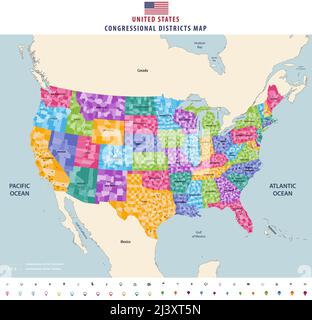 Karte der Kongressbezirke der Vereinigten Staaten. Detailreiche Vektorgrafik. Alle Elemente in abnehmbaren und beschrifteten Schichten getrennt Stock Vektor