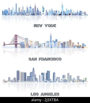 vektor-Sammlung von Stadtansichten der Vereinigten Staaten:New York, San Francisco, Los Angeles Skylines in Blautönen Farbpalette. Сrystal Ästhetik Stil Stock Vektor