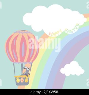 Ein Osterhase, der auf Luftballon am Himmel fliegt und vor dem Hintergrund von Regenbögen den Schriftzug Happy Easter auf der Wolken anschaut. Frohe Ostern ve Stock Vektor