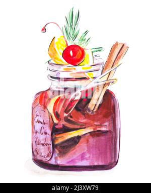 Aquarell Glühwein mit Gewürzen in schönem Glas mit Kirsche, Zimt und Zitrone, isolierte Abbildung auf weißem Hintergrund Stockfoto
