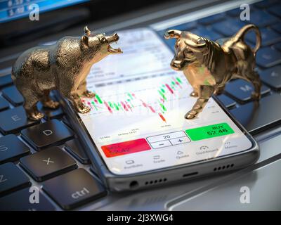 Golden Bull and Bear als Symbole der Börse auf einem Smartphone mit Börsendaten-Anwendung auf dem Bildschirm. 3D Abbildung Stockfoto