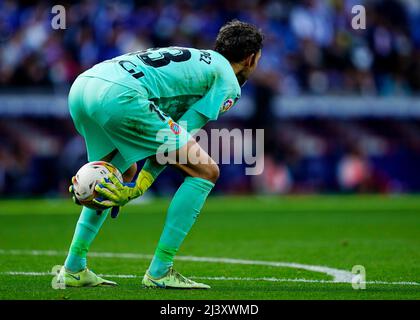 Barcelona, Spanien. 10. April 2022. Diego Lopez von RCD Espanyol während des La Liga-Spiels zwischen RCD Espanyol und Celta de Vigo spielte am 10. April 2022 im RCDE-Stadion in Barcelona, Spanien. (Foto von PRESSINPHOTO) Credit: PRESSINPHOTO SPORTS AGENCY/Alamy Live News Stockfoto