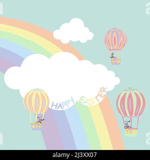 Osterhasen fliegen mit Regenbogen in einem Ballon zwischen den Wolken über den Himmel und halten ein am Himmel gestrecktes Banner mit der Aufschrift Happy EAS Stock Vektor