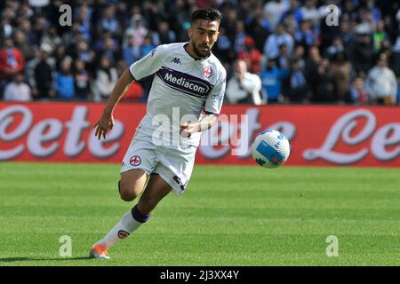 Napoli, Italien. 10. April 2022. Nicolas Gonzalez Spieler von Fiorentina, während des Spiels der italienischen Serie A Liga zwischen Napoli gegen Fiorentina Endergebnis, Napoli 2, Fiorentina 3, Spiel im Diego Armando Maradona Stadion gespielt. Napoli, Italien, 10. April 2022. (Foto von Vincenzo Izzo/Sipa USA) Quelle: SIPA USA/Alamy Live News Stockfoto