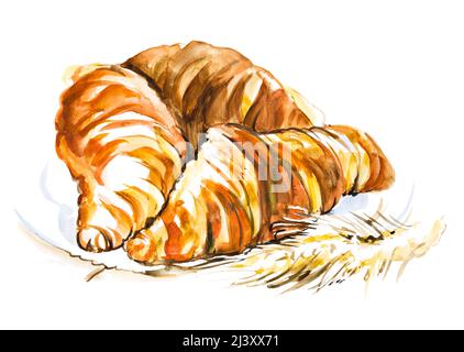 Hand Made drei Aquarell Croissants auf den Teller, auf weißem Hintergrund Stockfoto