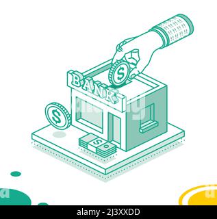 Hand legt eine Dollar-Münze in das Bankgebäude. Isometrisches Sparkonzept. Vektorgrafik. Banknote Aus Papier. Stock Vektor