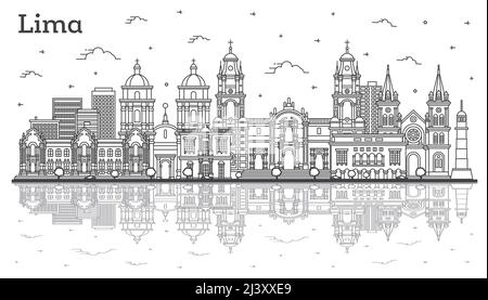 Umreißen Sie die Skyline von Lima Peru mit modernen und historischen Gebäuden und Reflektionen, die auf Weiß isoliert sind. Vektorgrafik. Stadtbild von Lima mit Wahrzeichen Stock Vektor