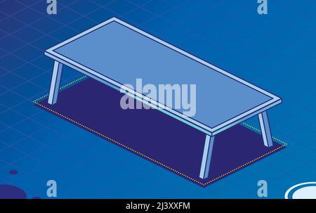 Moderner Bürotisch mit vier Beinen. Leerer Schreibtisch. Isometrisches Konzept. Vektorgrafik. Blauer Hintergrund Für Ein Einzelnes Objekt. Gliederungsstil. Stock Vektor