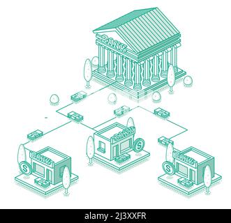 Verteilung des Geldes zwischen der Zentralbank und den Geschäftsbanken. Isometrisches Finanzkonzept. Infografik Design-Element. Cash Circulation Scheme. Stock Vektor