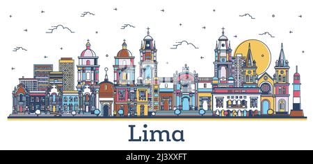 Umreißen Sie die Skyline von Lima Peru mit modernen und historisch farbigen Gebäuden, die auf Weiß isoliert sind. Vektorgrafik. Stadtbild von Lima mit Wahrzeichen. Stock Vektor