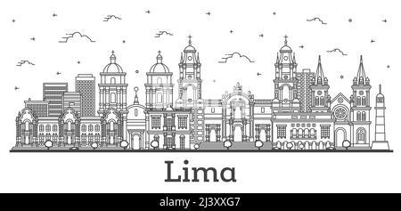 Skizzieren Sie die Skyline von Lima Peru mit modernen und historischen Gebäuden, die auf Weiß isoliert sind. Vektorgrafik. Stadtbild von Lima mit Wahrzeichen. Stock Vektor