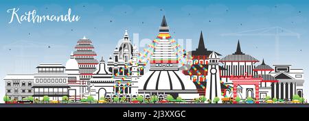 Kathmandu Nepal City Skyline mit farbigen Gebäuden und blauem Himmel. Vektorgrafik. Stadtbild von Kathmandu mit Wahrzeichen. Geschäftsreisen und Tourismus. Stock Vektor