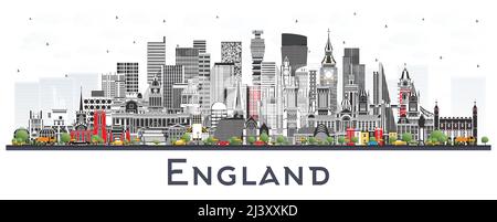 Skyline von England mit grauen Gebäuden, isoliert auf Weiß. Vektorgrafik. Konzept mit historischer Architektur. Stadtbild von England mit Wahrzeichen. Stock Vektor