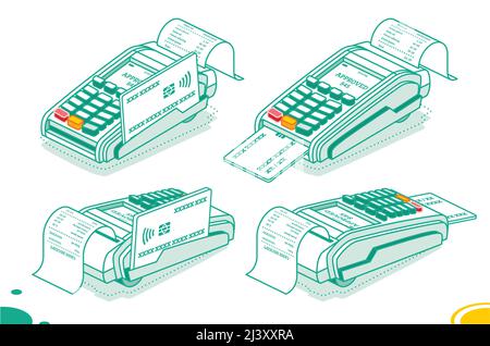 Isometrisches POS-Terminal mit isolierten Kreditkarten- und Kassenbon auf weißem Hintergrund. Zahlungsmaschine. Sichere Zahlung. Vektorgrafik. Stock Vektor