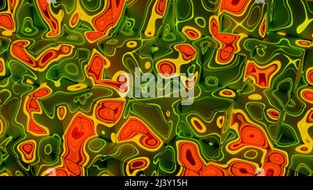 Helle Abstraktionen. Design. Neonflecken schimmern und erzeugen Blots in 3D Effekten in lila und orange Farben. Stockfoto