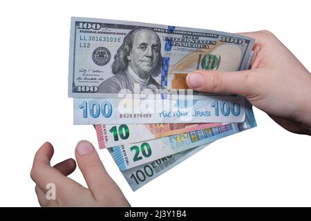 Hintergrund der nternationalen Währungen. Geld aus verschiedenen Ländern: Dollar, Euro. Euro, Dollar, Banknoten isoliert auf weißem Hintergrund. Bargeld. Die CO Stockfoto