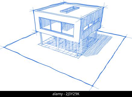 Skizze eines modernen Hauses mit Schatten und ohne Hintergrund Stockfoto