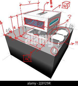 Diagramm einer modernen Hausumgestaltung mit handgezeichneten Notizen und Markierungen und Anmerkungen des Architekten darüber Stockfoto