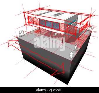Diagramm einer möglichen modernen Hausumgestaltung, die das Haus links und rechts vergrößert Stockfoto