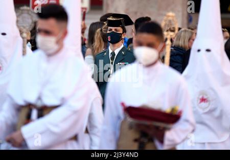 Palma de Mallorca, Spanien, 10.. April 2022. Bilder der Karwoche Prozession aus der Kirche von San Jaime, die durch das Zentrum von Palma de Mallorca verläuft. Stockfoto