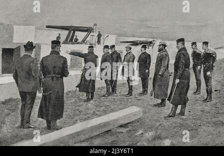 Vereinigte Staaten von Amerika. Spanisch-Amerikanischer Krieg (1898). Kriegsvorbereitungen. Generalleutnant Nelson Appleton Miles (1839-1925) inspiziert die Hafenverteidigungsarbeiten in New York. Fotogravur von Laporta. La Ilustración Española y Americana, 1898. Stockfoto