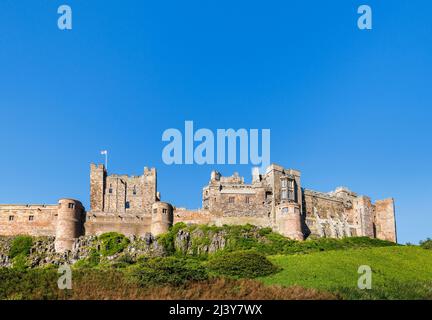 Die Außenmauern des berühmten Bamburgh Castle an der Nordostküste Englands, neben dem Dorf Bamburgh in Northumberland, einem denkmalgeschützten Gebäude Stockfoto