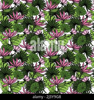 Nahtloses Muster aus tropischer strelitzia-Blume, Palmenblättern, Lotusblättern und Laub. Handgezeichnete Doodle-Stil-Elemente, helle Blume und greene Stock Vektor