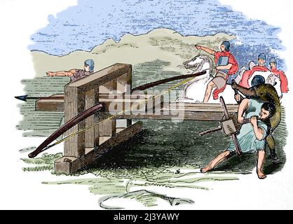 Uraltes Zeitalter. Katapult. Gravur. Stockfoto