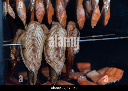 Frisch geräucherter Fisch hängt in Rauch in einem Räucherhaus. Die Tradition der Fischzubereitung aus der Ostsee. Stockfoto