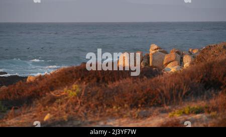 Felsige, zerklüftete pazifikküste, Meereswellen, die auf Felsen krachen, 17 Meilen Fahrt, Monterey California USA. Dramatische Sonnenuntergangslandschaft in der Nähe von Point Lobos, Big Sur, Kiesstrand. Vögel fliegen, regnerisches Wetter Stockfoto