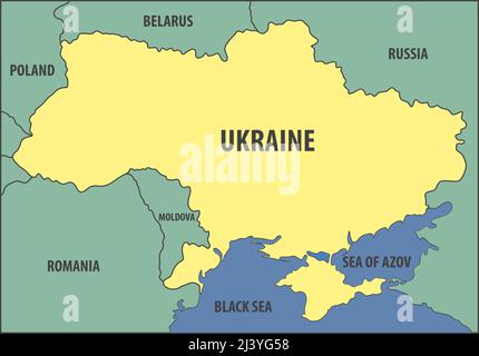 Ukraine. Das Bild in Form der Karte des Territoriums des europäischen Staates der Ukraine mit dem Schwarzen und Asowschen Meer, das es und die Teile der benachbarten wäscht Stock Vektor