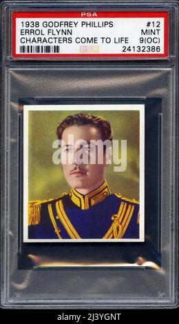 Eine Sammlerkarte, die den Filmstar Errol Flynn darstellt, wurde 1938 von Godfrey Phillips im Rahmen einer Serie mit dem Titel Characters Come to Life herausgegeben. Stockfoto