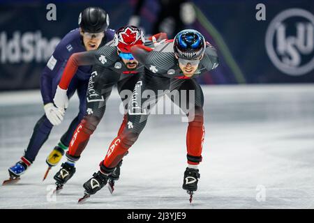 MONTREAL, KANADA - 10. APRIL: Steven Dubois aus Kanada und Pascal Dion aus Kanada während des 3. Tages der ISU-Kurzbahnweltmeisterschaften in der Maurice Richard Arena am 10. April 2022 in Montreal, Kanada (Foto: Andre Weening/Orange Picles) Stockfoto