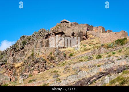 Pisac Q'Allaqasa (Zitadelle) Sektor der Pisac Inka Festung alte Stadt Ruinen, Peru Heiliges Tal. Stockfoto